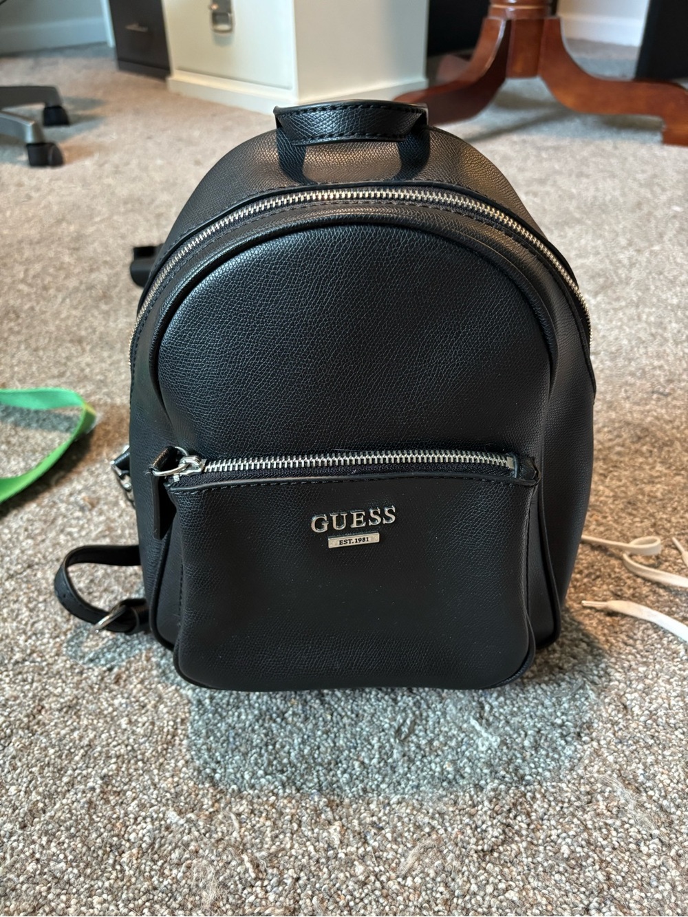 GUESS Black Mini Pebbled Faux Leather Backpack with Silver Hardware